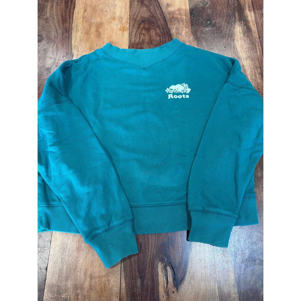 vintage Roots sweatshirt women medium teal green cropped v-neck logo pullover